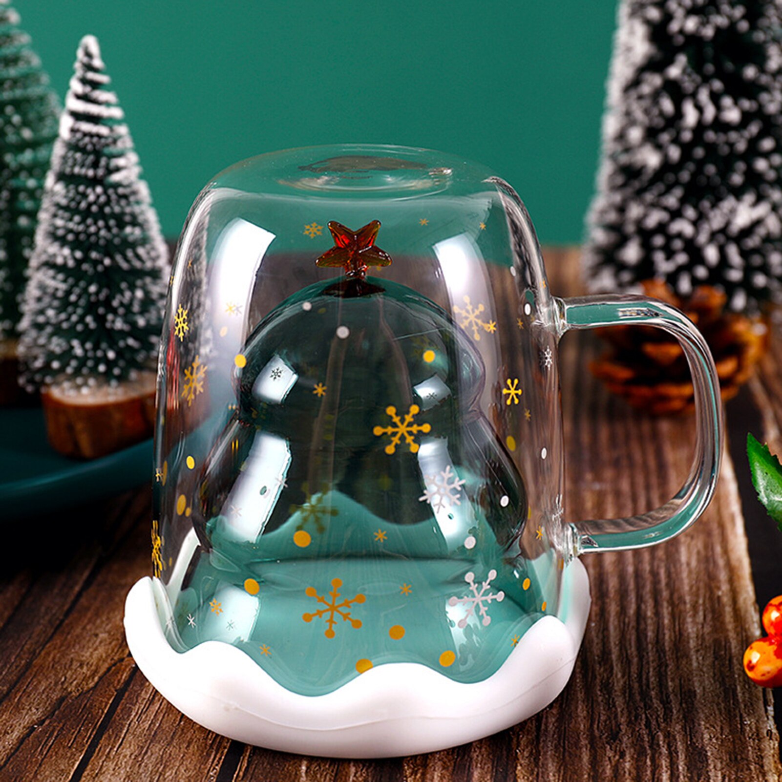 Søte juletre krus dobbeltvegg glass kaffekopper med silokon lokk snøfnugg stjerne jul vin te melk vann tørketrommel