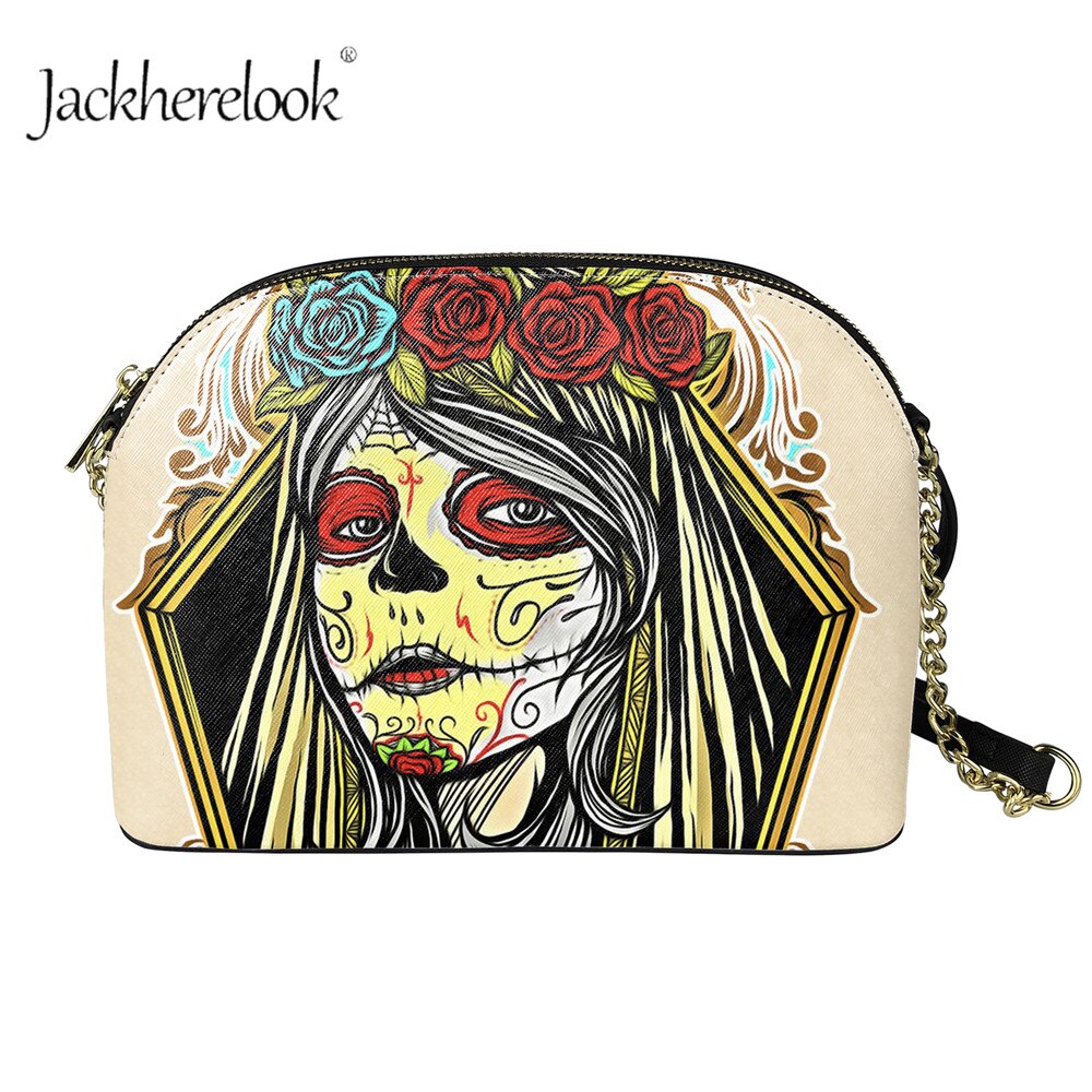 Jackherelook dames mini crossbody handtas met rits, gotisch schedelpatroon, pu leren dames outdoor schoudertas met kettingen: Hqcb 5004 d 49