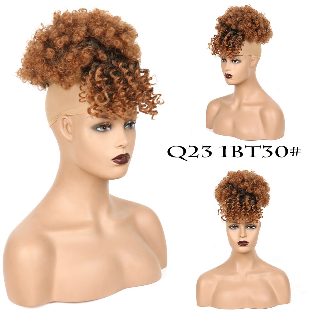 Afro High Puff Hair Bun Ponytail Drawstring With Bangs Synthetic Short Kinkys Curly Pineapple Pony Tail Clip in on Wrap Updo: Q23 1BT30