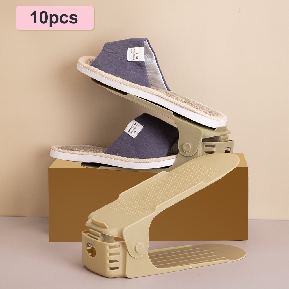 10pc Double Layer Adjustable Shoe Rack Organizer ShoeBox Footwear Support Slot Save Space Closet Shoes Storage Rack Stand Shelf: 10pcs-coffee