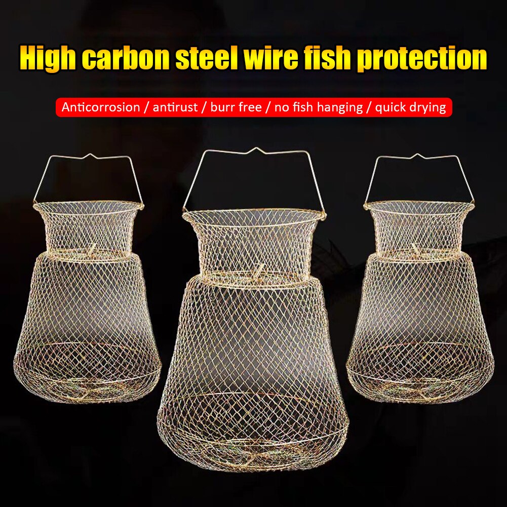 Foldable Steel Fish Basket Outdoor Portable Wire Woven Crab Lobster Storage Cage Fishing Trap Net Fish Protection Accessories