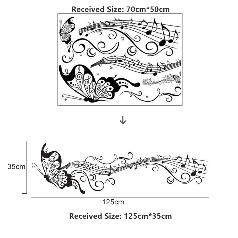 Zwarte Muziek Vlinder Muur Decor Stave Opmerking Muurstickers PVC Muurstickers/Adhesive Vinyl Home Decoratie voor Kinderkamer verwijderbare