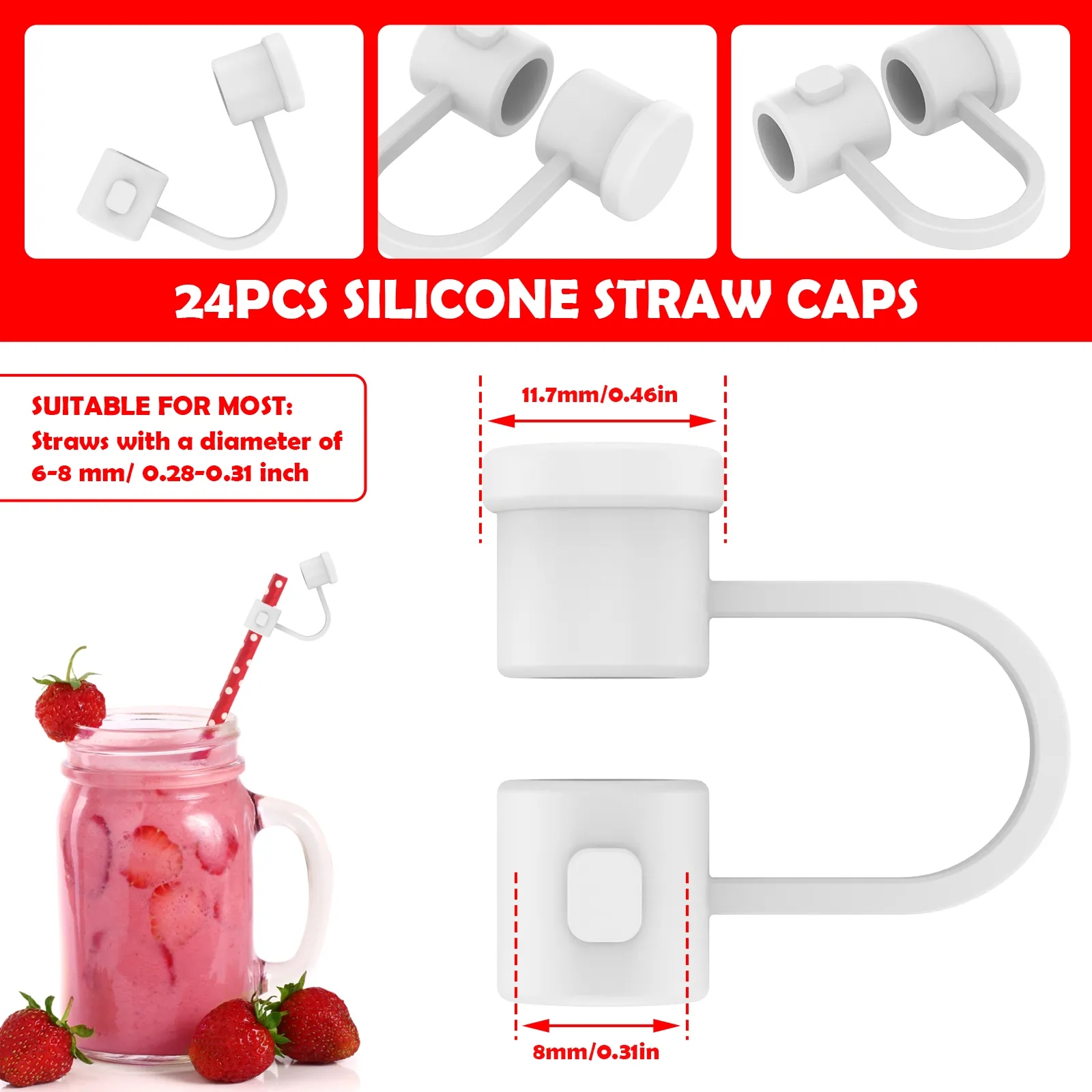 24Pcs Silicone Straw Tips Cover Reusable Straw Tips Lids Colorful Straw Plug Dust-Proof Drinking Straw Cover Portable Silicone