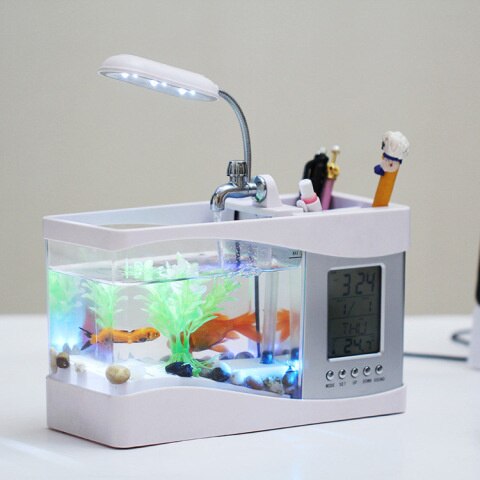 USB Mini Aquarium Fish Tank Aquarium with LED Desk Lamp Light LCD Display Screen Clock Fish Tank Aquarium Ecosystem With Light: White