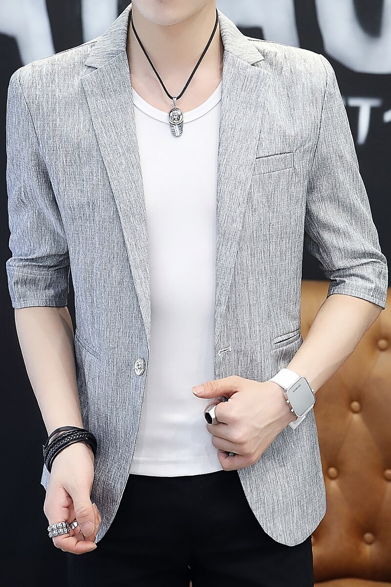 Summer Men Blazer Casual Solid Half Sleeve Slim One-Button Blazer Mens Slim Fit Suit Jacket Black Dress
