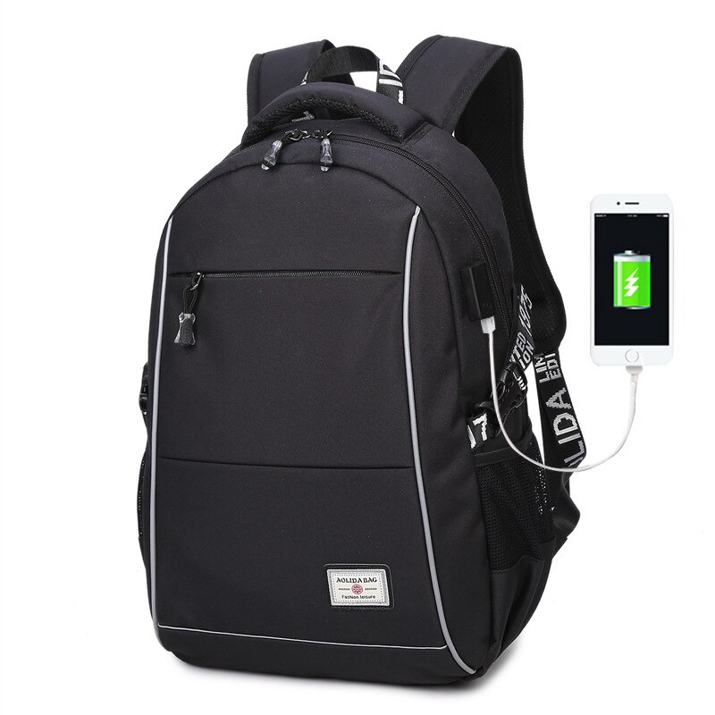 backpack male students bag Oxford waterproof USB charging backpack: black
