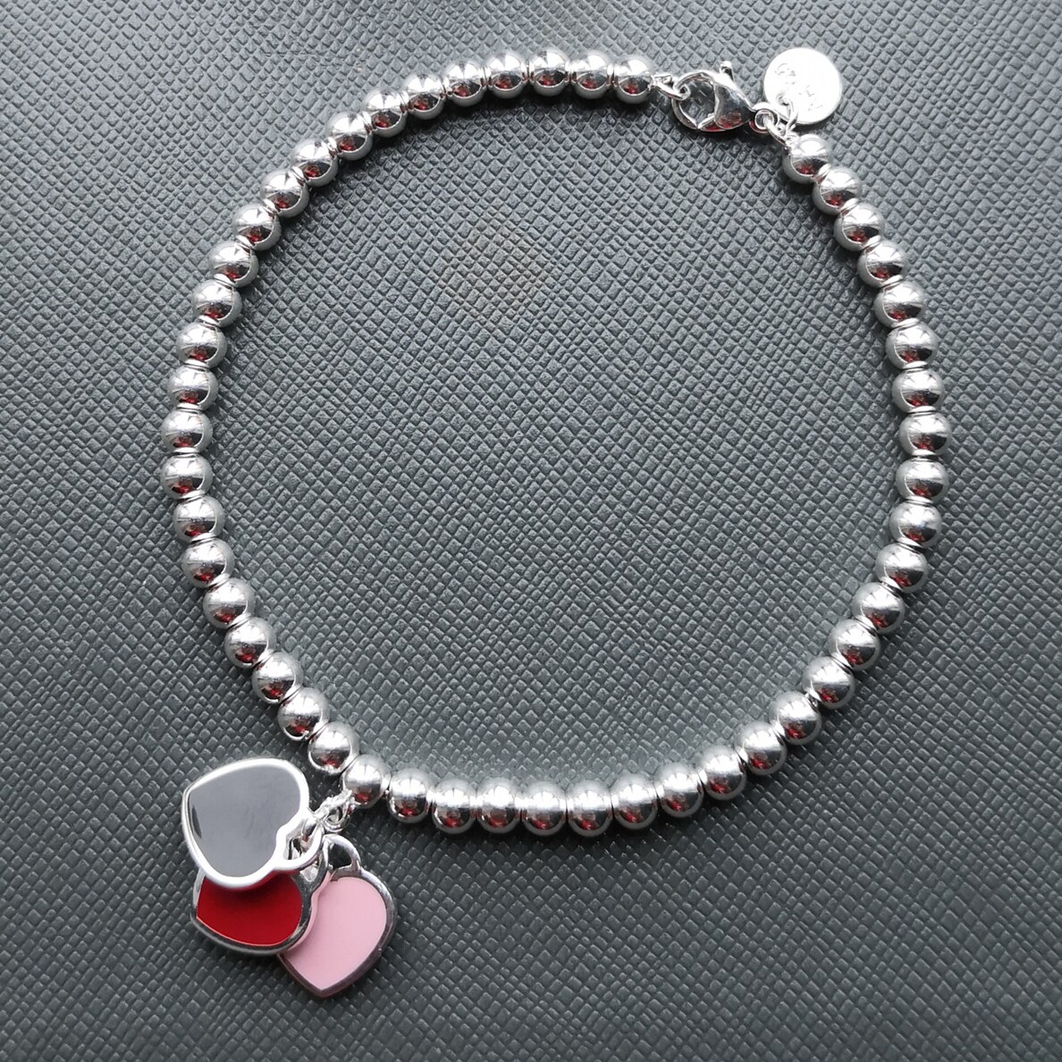 1: 1 sterlingsølv 925 klassiske populære pink hjerte kort 4mm runde perler damer armbånd smykker