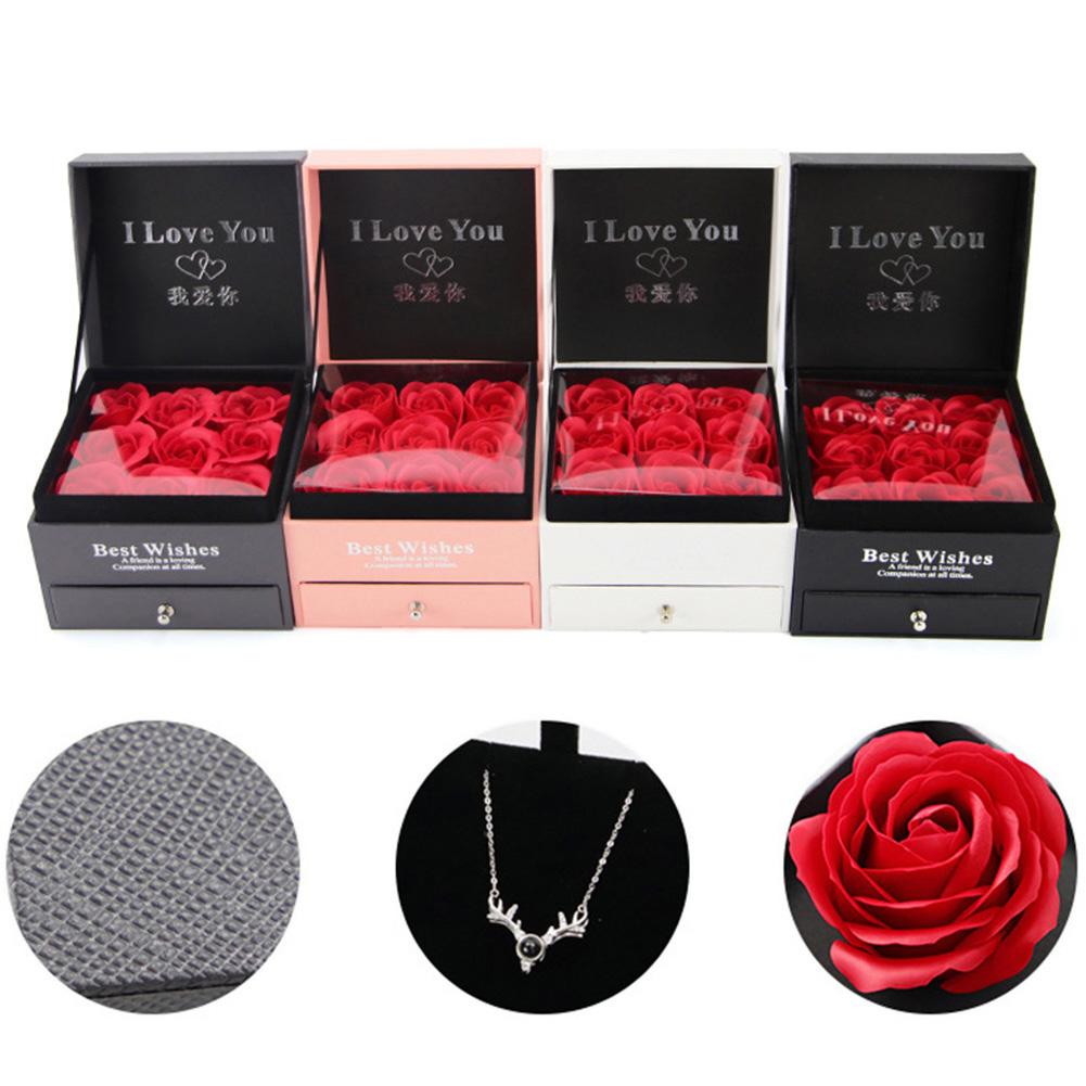 Ring halskæde smykker indehaver papkasse  + 9 stk faux rose blomsterkasse