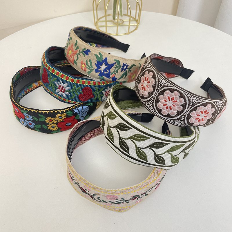 Nuovo stile bohéaspetto ricamo fascia etnica a tesa larga cerchio per capelli foglia fiore modello accessori per capelli copricapo