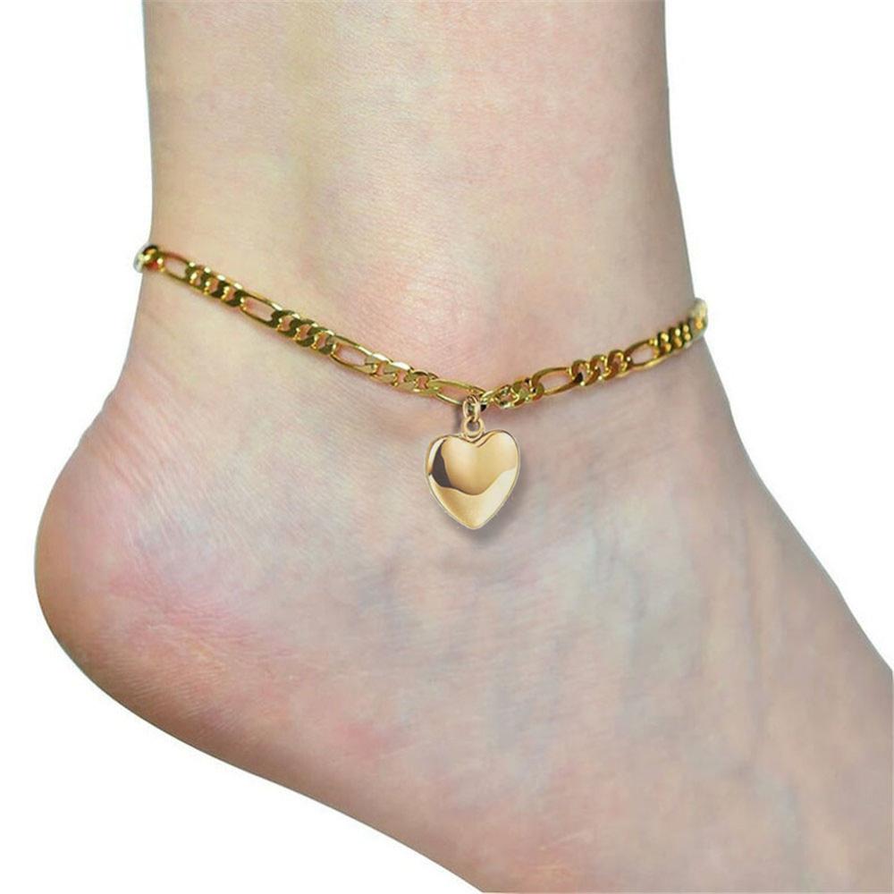 Stainless Steel Figaro Chain Anklet Bracelet For Women Girls Heart Charms Anklet Femme Foot Jewelry