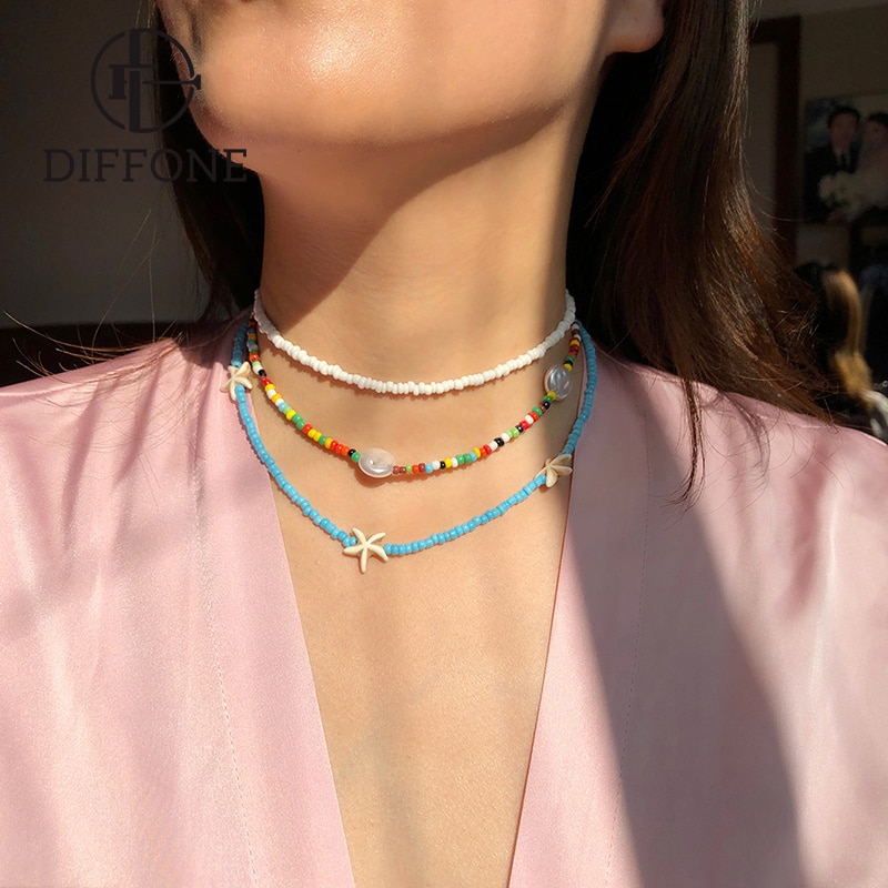 Difone colar feminino 4mm, colar com pingente de miçangas de semente estrelado, verão 2020