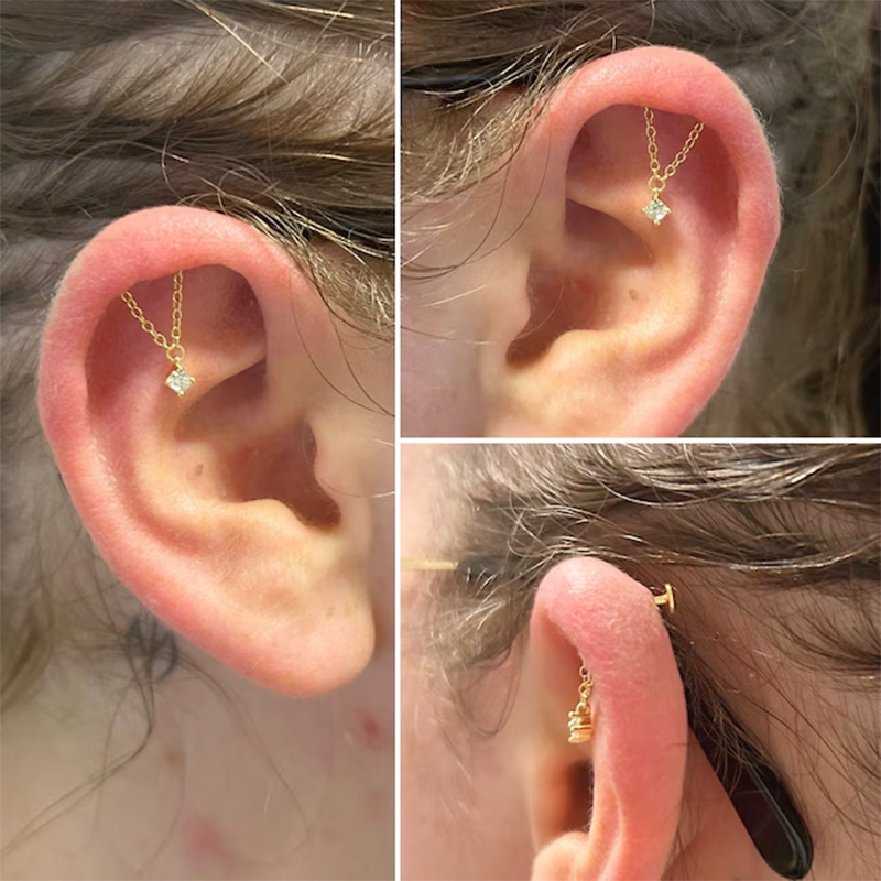 Pendientes de titanio para cartílago de la oreja, Piercings de rosca interna, perno de hélice oculto, cadena drapeada CZ, joyería con parte posterior plana, 16G, 1 ud./5 uds.