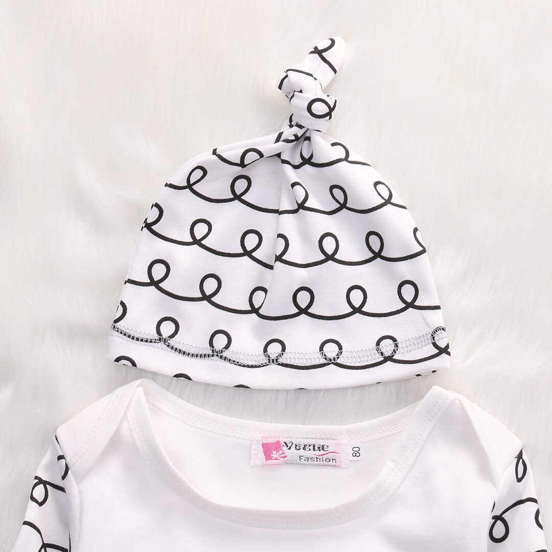 Sødt nyfødt spædbarn søvnige øjne langærmede o-hals hvide klæder+rosa kinder outfit babykjole hat 2 stk sæt 0-6m
