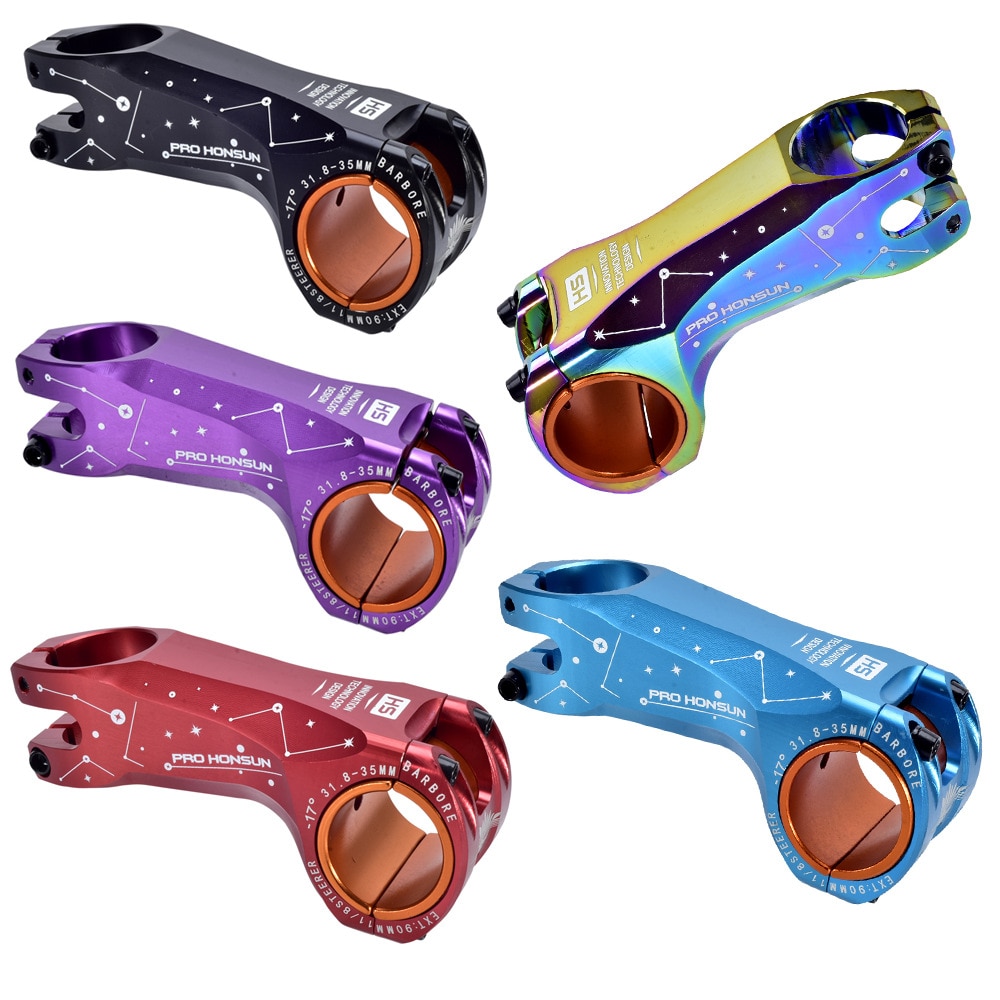 Bunte MTB Vorbau 90mm Aluminium XC Behälter DH Berg Rennrad Vorbau-17 Grad Gabelschaft Fahrrad 31.8/35mm Lenker Regenbogen Stengel