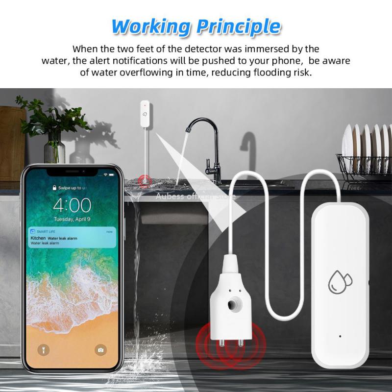 Aubess Tuya WiFi ZigBee Water Leak Detector Water Leakage Sensor with Buzzer Overflow Detector via Smart Life Remote Monitoring