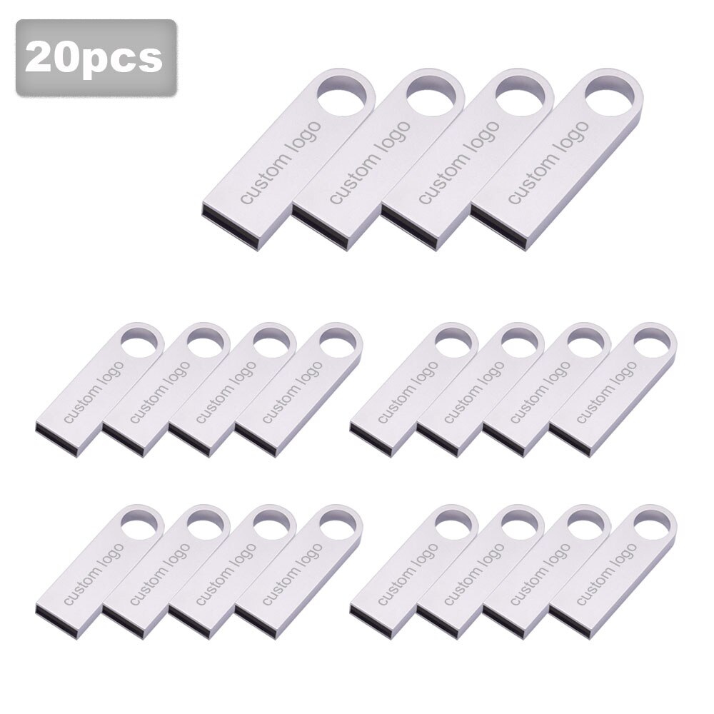 Pcs mini pendrive32GB 20 metal USB flash drive gb 8 4gb 16GB GB 64 32GB USB2.0 minúsculo pen drive memory stick U Disk cle usb logotipo livre: 4GB / Silver