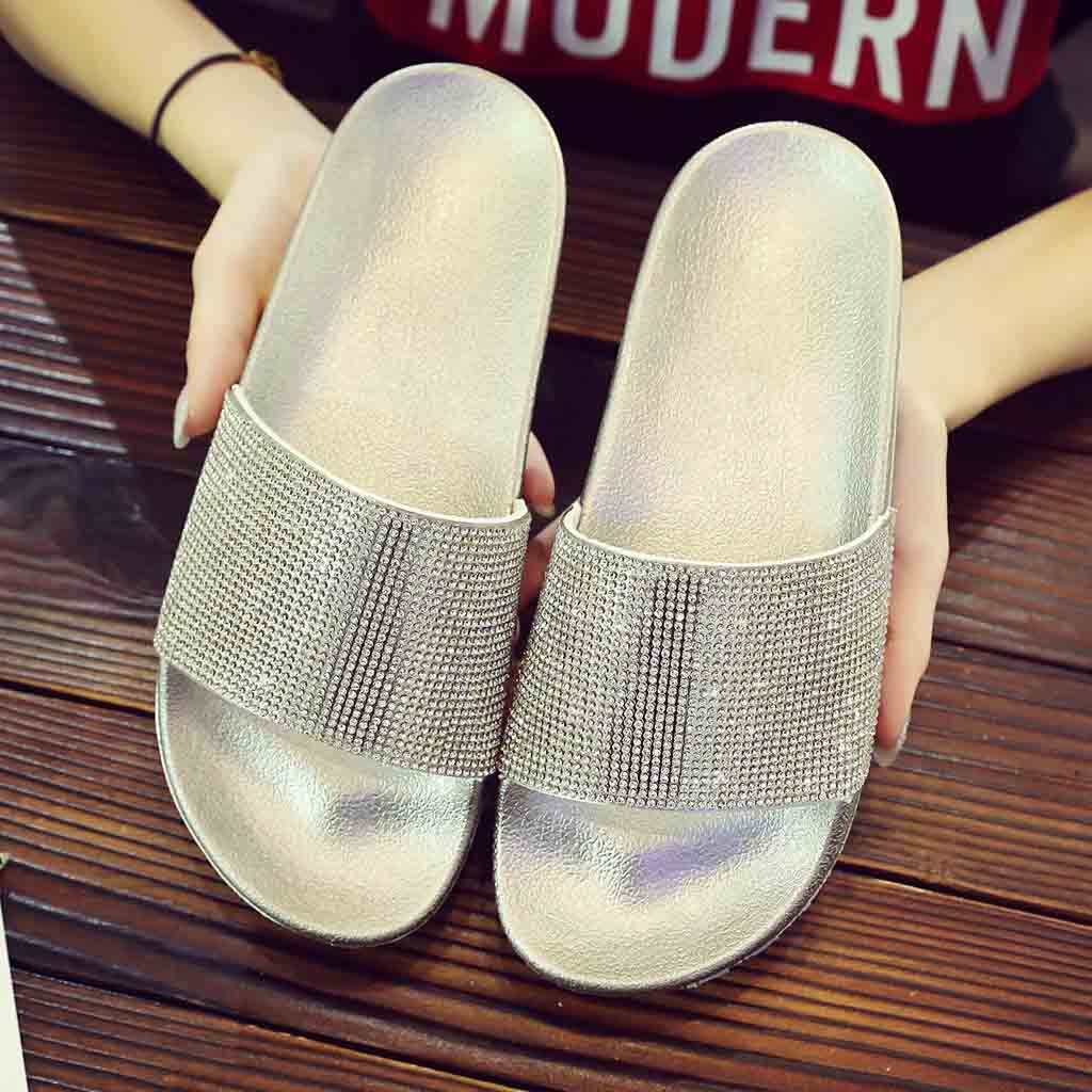 Frauen Hausschuhe Sommer Strand Casual Schuhe Flache Rutschen Hause Outdoor Diamante Sparkly Sliders Diamant alias Faulenzer: Silber / 41