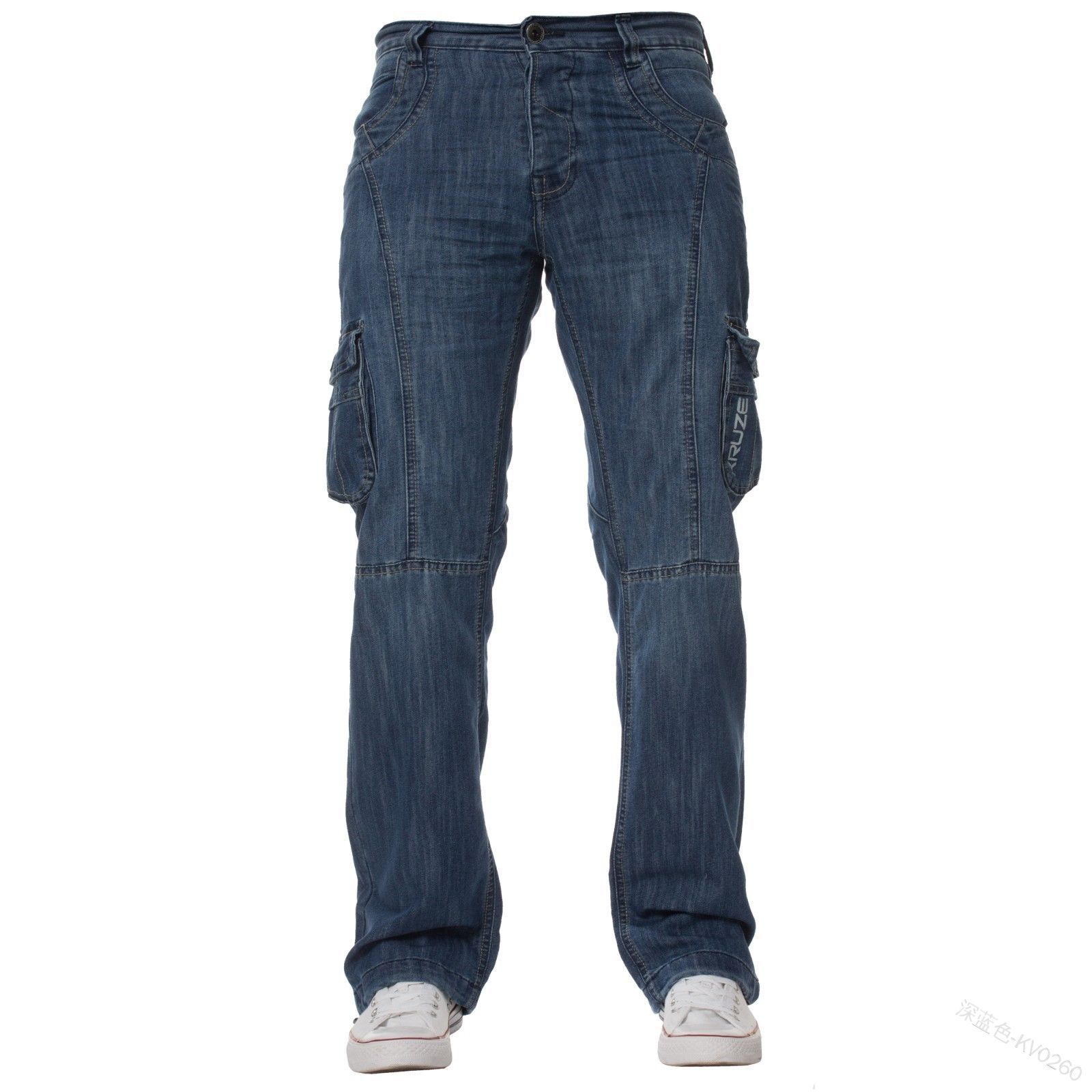 Denim jogger heren cargo jeans gewassen denim lange broek met zakken plus size patchwork jeans: Donkerblauw / Xl