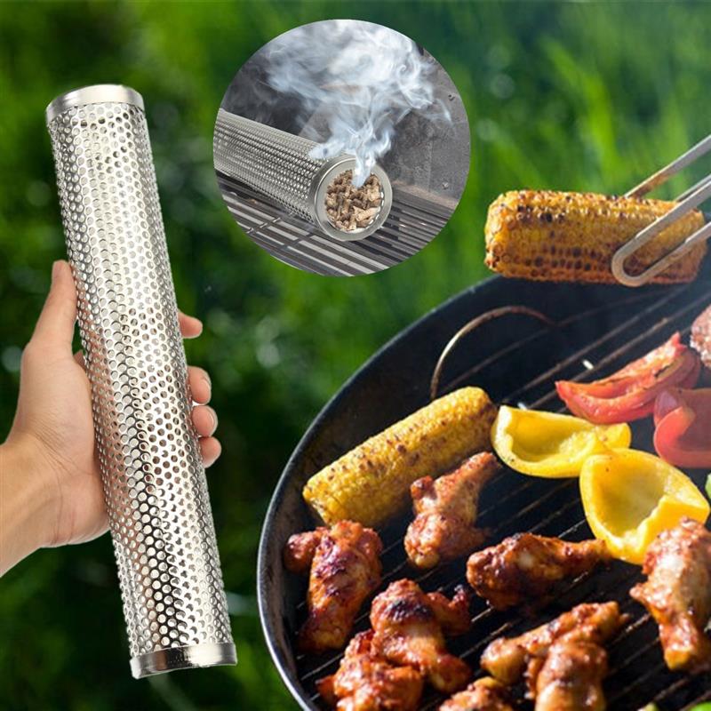 Rund bbq grill koldrøgning mesh rør røggenerator rustfrit stål ryger træpiller køkken udendørs grill forsyninger