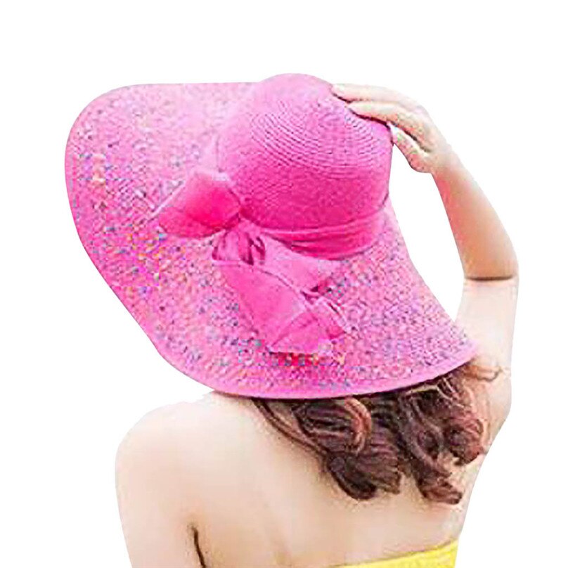 Kvinder farverige strå-sløjfehat med stor skygge solfloppy brede skyggehatte solsejl kasket strandsportshat  #4 m 12: Hot pink
