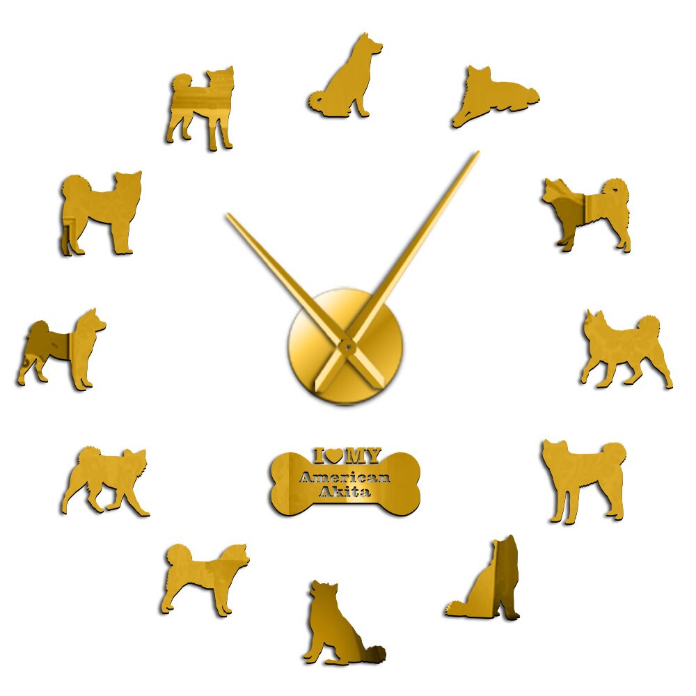 American Akita Dog Breed Wall Clock American Hakita Puppies Silhouette Wall Art Stickers Frameless DIY Large Clock Wall Watch: Gold / 37 Inch