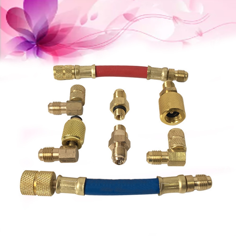 8Pcs Car Air Conditioner Refrigeration R134A R12 Converting Adapter Hose Set Kits Joint Quick Remover Installer Quick Coupler