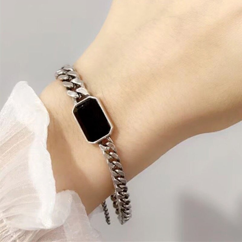 Foxanry – Bracelet chaîne Punk en argent Sterling 925 pour femmes, nouvelle tendance, Simple, rectangulaire, en Zircon noir, bijoux Hiphop, de fête