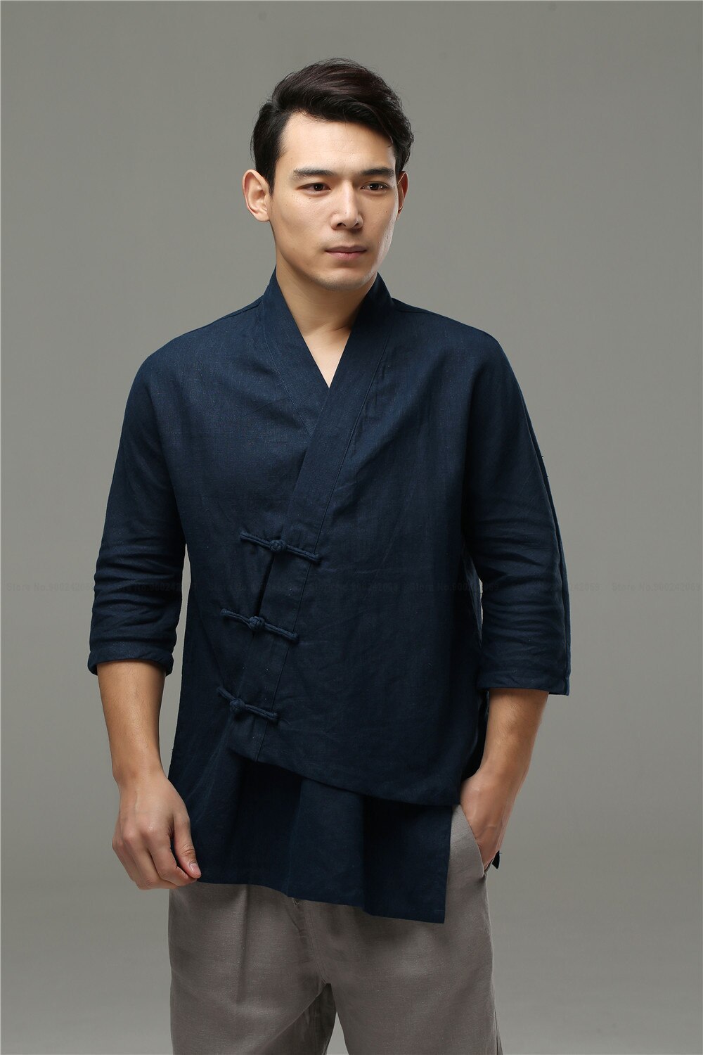 Camisa de estilo tradicional chino para hombre, ropa suelta de lino, informal, étnico, Hanfu, Túnica, Té Zen, Kung Fu, blusa Retro antigua: Blue Tops / XL