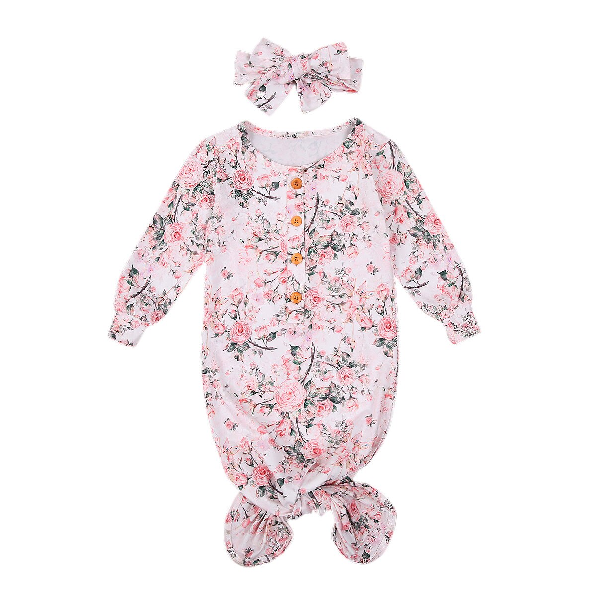 Baby Girls Nightgown Knoted Sleepers with Headband Floral Print Cotton 2 Piece Sleep Set: C