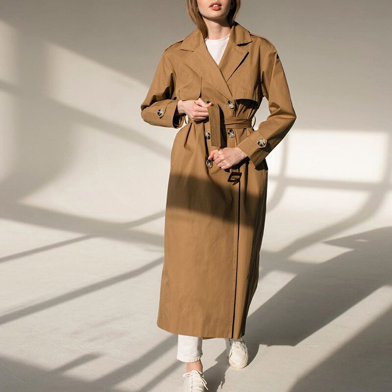 Mnealways18 Neue Zweireiher Graben Mantel Kleid Frauen Windjacke Langarm angeschnallt verlieren Mantel Damen Oberbekleidung Frühling Herbst: Braun / M