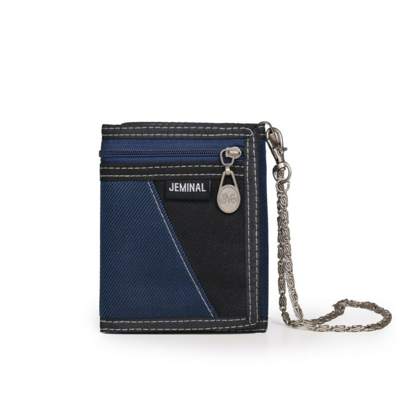 Herren-sport-geldbörse aus weichem canvas, kreditkartenhalter, schwarz-blau, zweifach faltbar, mit kette, zum geburtstag