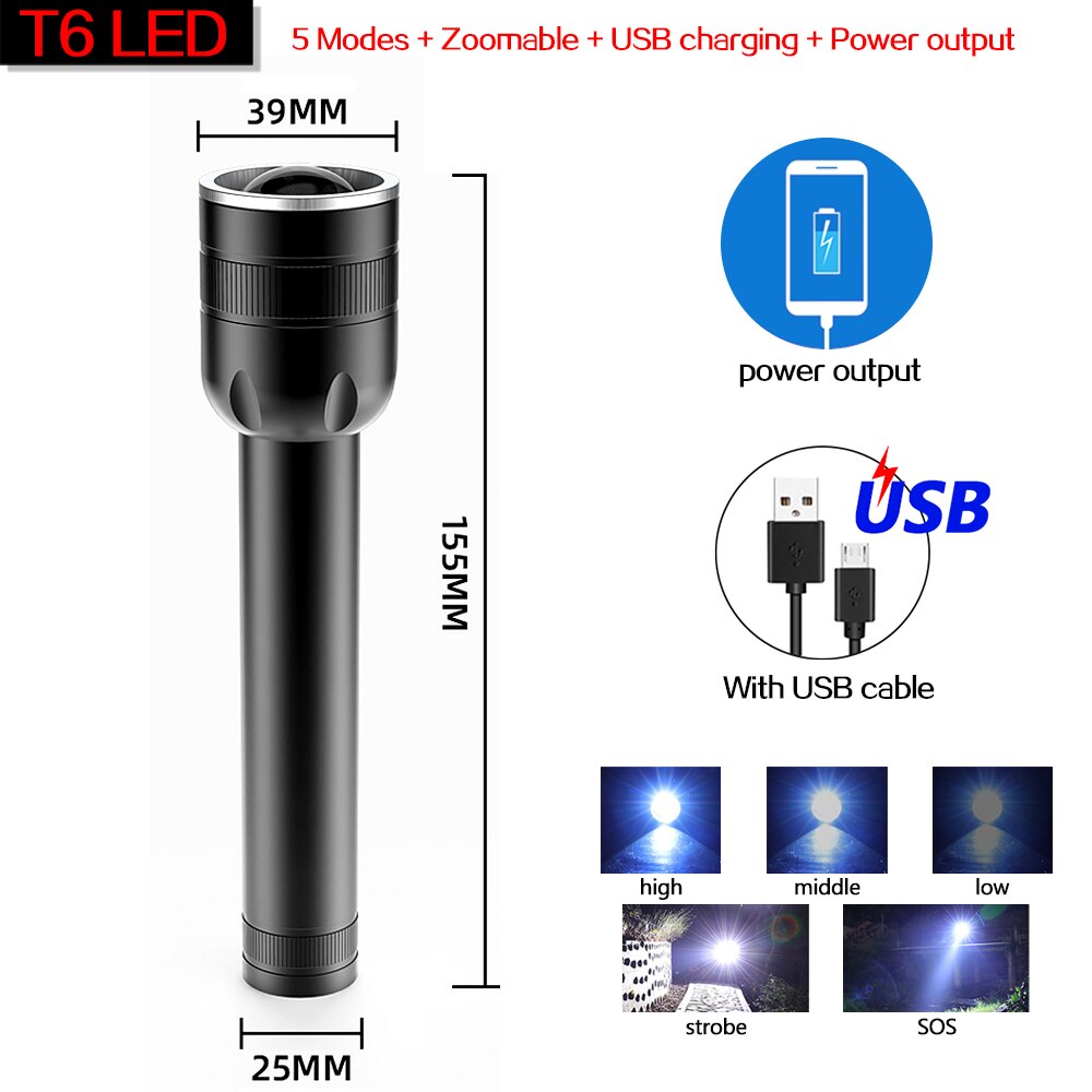 USB Rechargeable LED Flashlight With Q5 T6 LED Built-in 1800mAh lithium battery Waterproof camping light Zoomable Torch outdoor: Package D