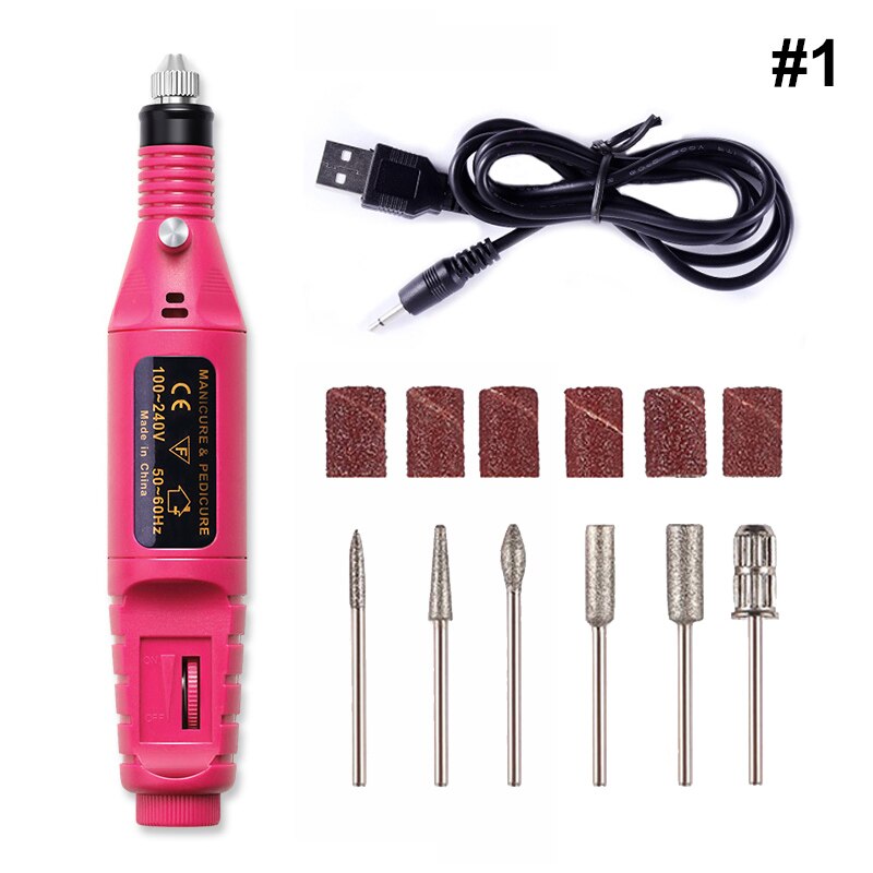 Máquina de clavos eléctrica con carga USB de 5 tamaños de 20000 RPM, taladros para quitar esmalte, pedicura, 6 uds, archivo enarenado de uñas, bandas para arte de uñas: Red