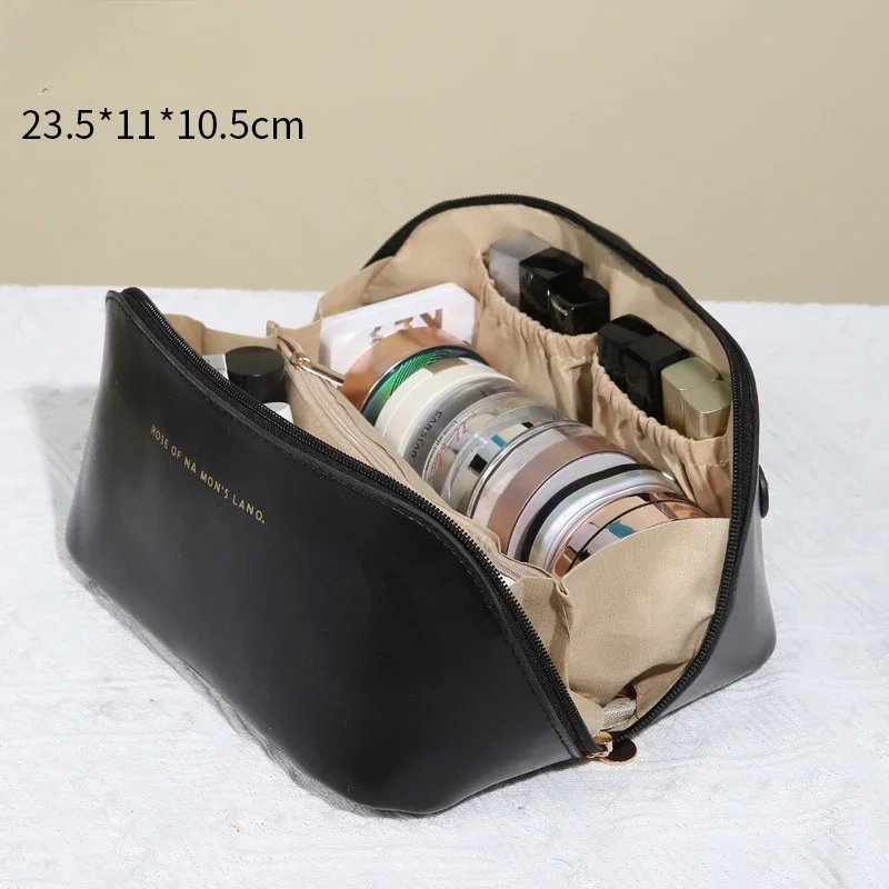 Neceser de viaje para mujer, caja de cosméticos impermeable de PU, organizador de maquillaje de gran capacidad, bolsa de de artículos de tocador para el día de la madre: Negro