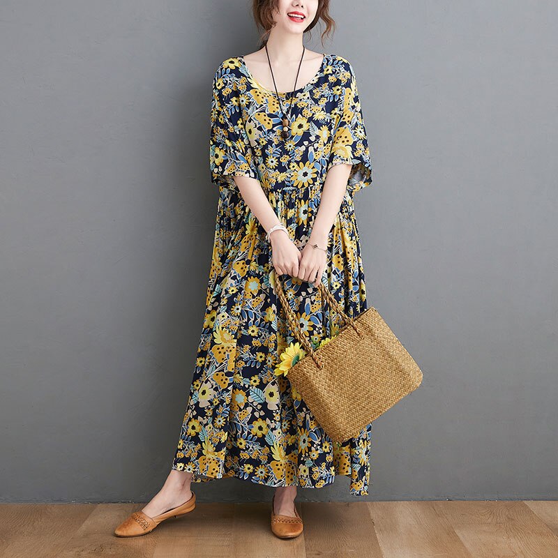 DIMANAF Summer Dress Women Prairie Chic Plus Size Dress Flowers Print Lady Vestidos Sundress Maxi Dress Oversized