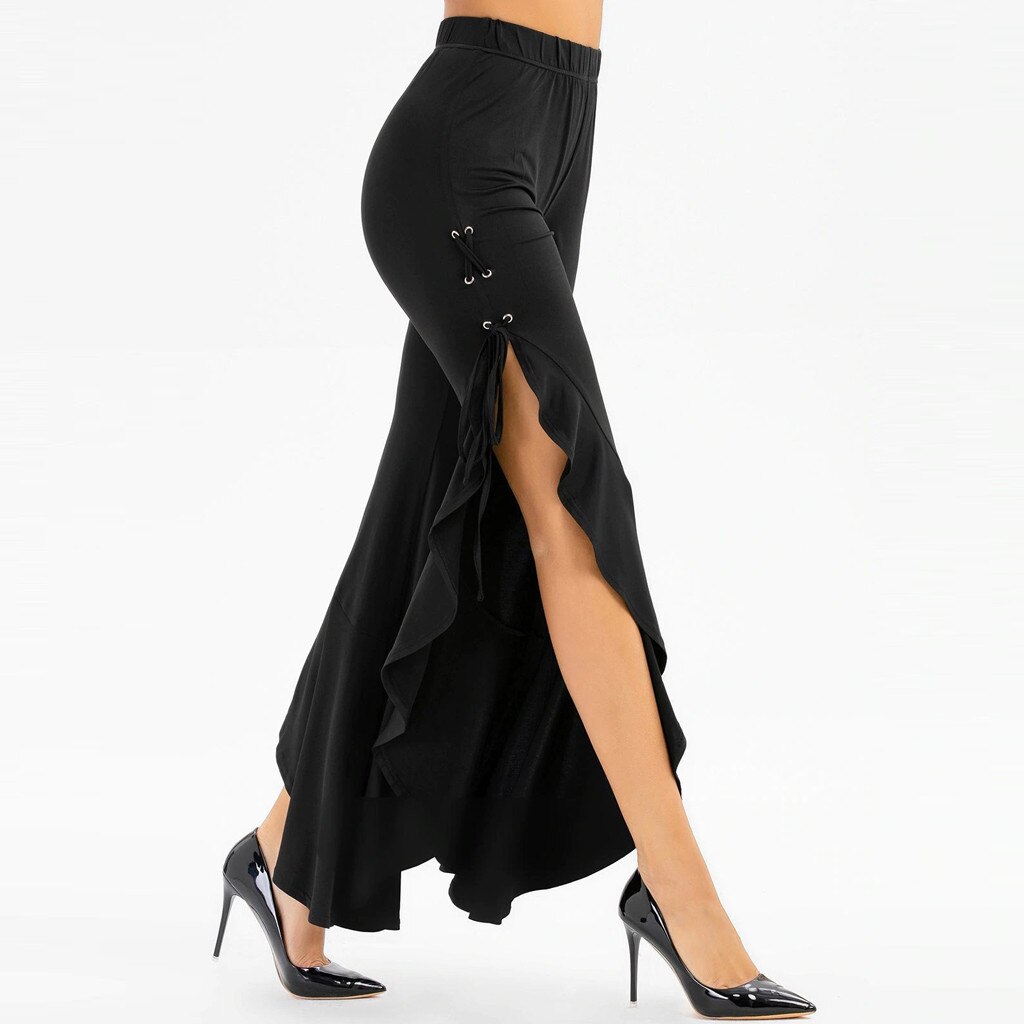 volants Flare pantalon femmes côté fente à lacets à volants pantalon doux solide poche pantalon Vintage Disco danse #3