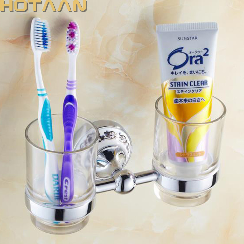 Chrome Color Tumbler Holders Double Glass Cup Holders Wall-mount Toothbrush Tooth Cup Holders Bathroom Accessories Hardware
