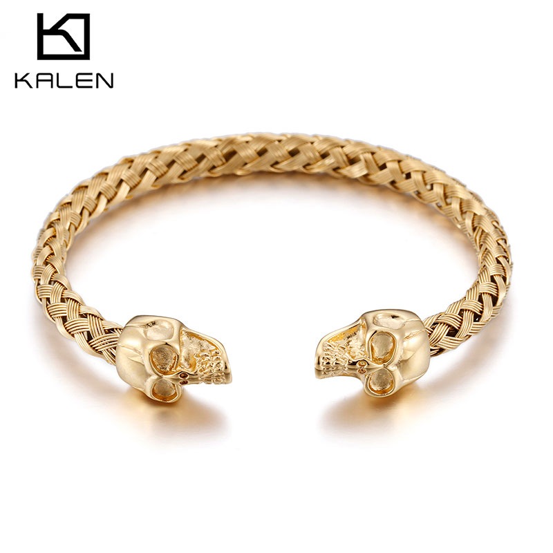 Kalen Double Skull Skull Gold Color Hip Hop Style Stainless Steel Open Bracelet Men's Jewelry