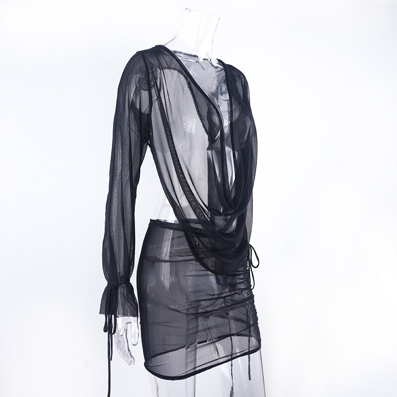 OMSJ Club Streetwear 2 Stück Set Tiefem V-ausschnitt Langarm Backless Tops + Kordelzug Mini Rock Mesh Lace Up strand Anzüge