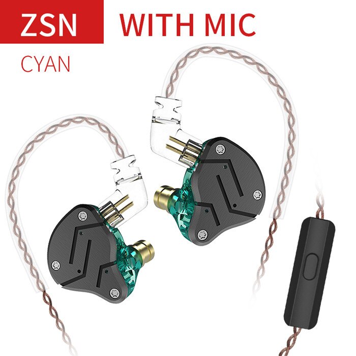 KZ ZSN métal oreille écouteurs technologie hybride 1BA + 1DD HIFI basse écouteurs dans l'oreille moniteur jeu casque Sport bruit écouteurs: ZSN Cyan Mic