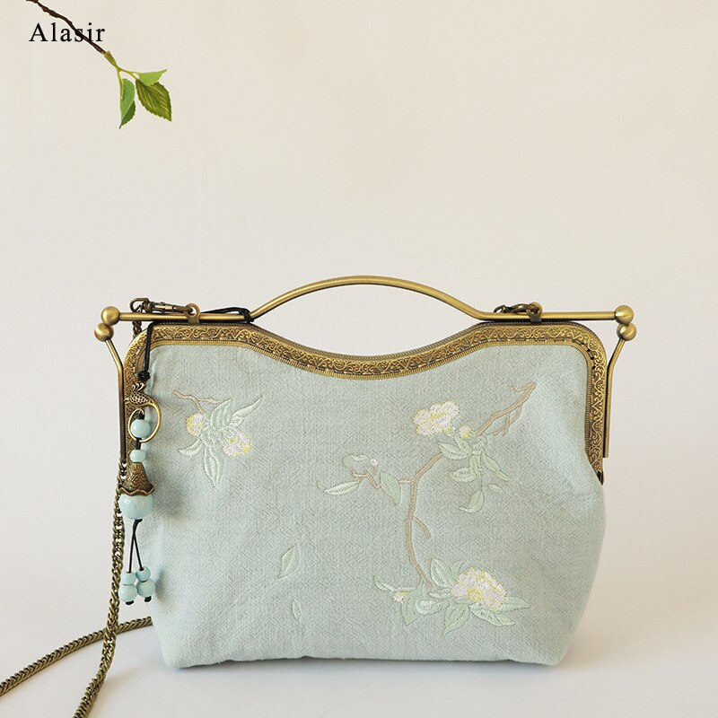 Alasir Original Artsy Bag Chinese Style Bags Vintange Women Handbags Cotton and Linen Crossbody Bags Embroidery Flowers Frame