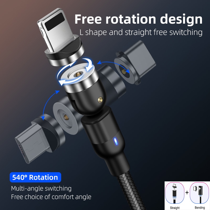 3A 540 degrés rotation câble magnétique Micro USB Type C câble câble de charge magnétique pour iPhone 11 Pro Max Samsung ligne