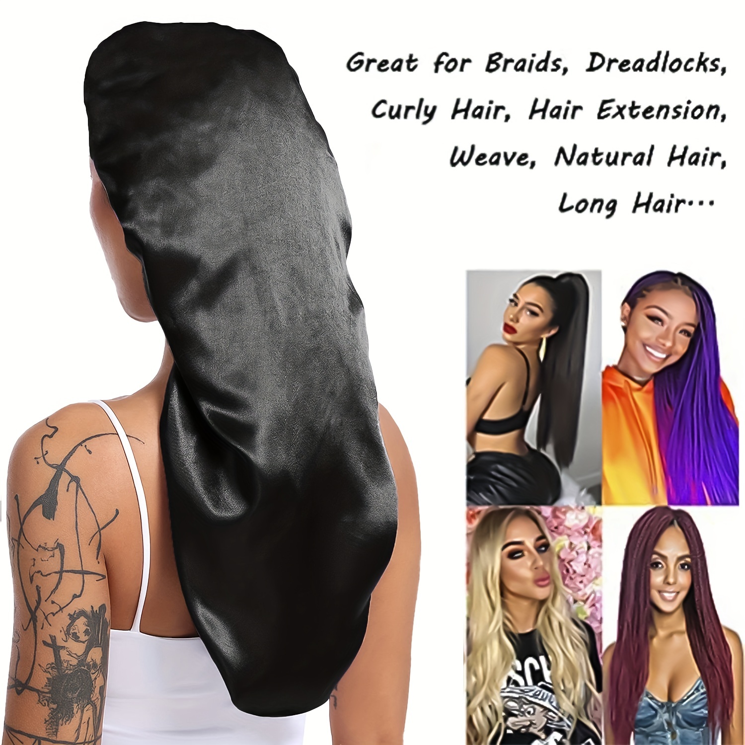 1 Stück lange, seidige Schlafhaube für glattes, lockiges Haar, extra große Haarhauben für Dreadlocks und Zöpfe, Satin--Schlafmützen für sterben Nacht