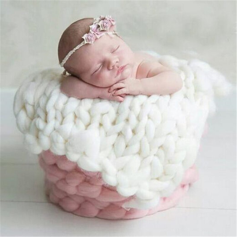 knitted Wool Crochet Baby Blanket Newborn Photography Props Chunky Knit Blanket Basket Filler