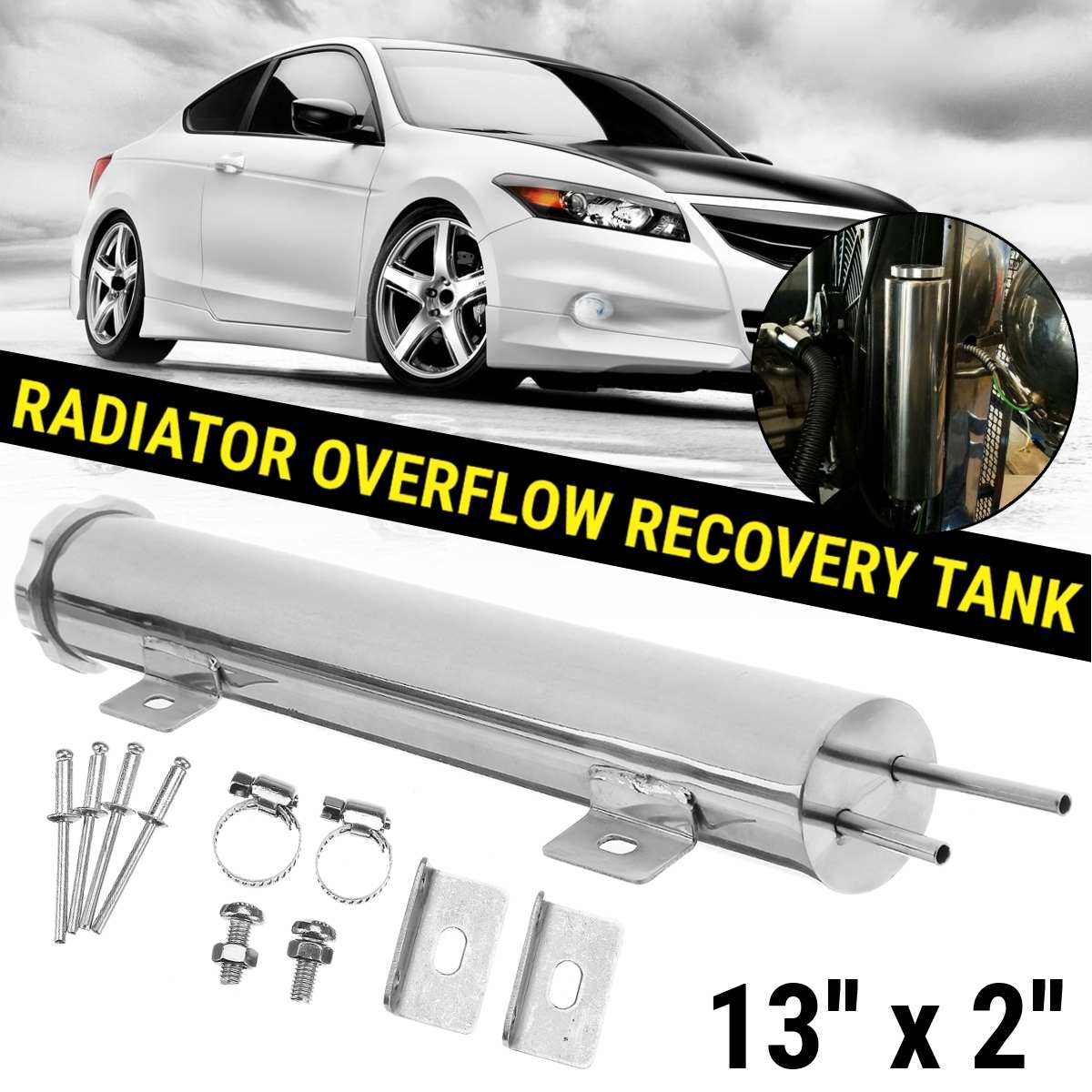 Universal 13" x 2" Polished Stainless Steel Radiator Overflow Tank Liquid Cooling Kettle Overflow Tank For Gm Chevy Gmc Cadillac
