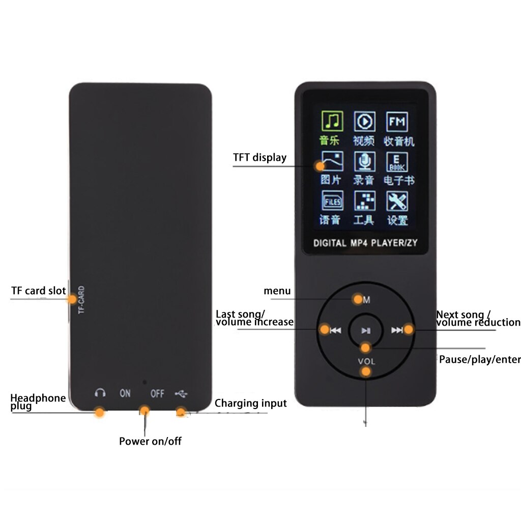 Bærbar  mp3 mp4 -afspiller 1.8 tommer lcd-skærm fm-radio video indbygget mikrofon, high fidelity optagelse usb 2.0 højhastighedstransmission