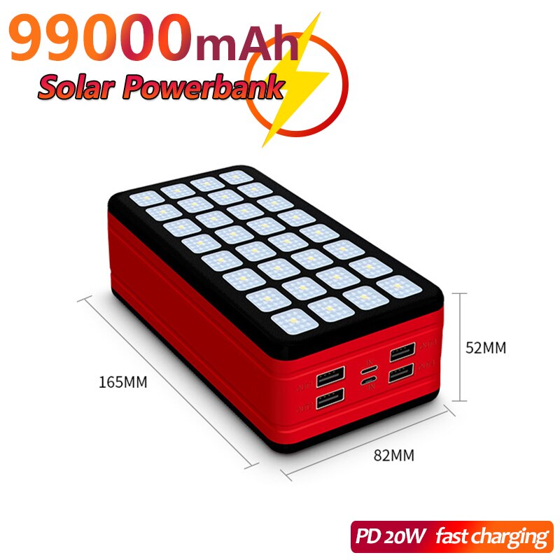 99000mAh Solar Power Bank Fast Charging External Battery Suitable for Smartphone, Tablet PC, Bluetooth Audio, GPS