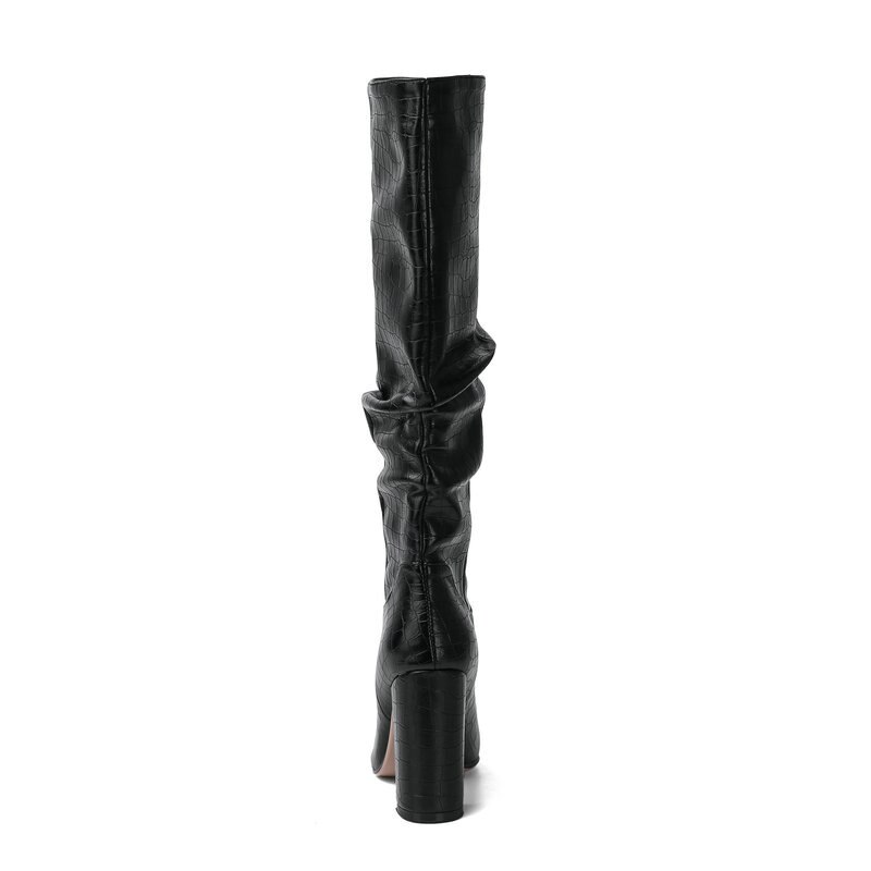 Bottes de créateur Faux cuir à talons hauts pour femmes, chaussures de créateur à bout pointu plissées, bloc épais, longues, hiver