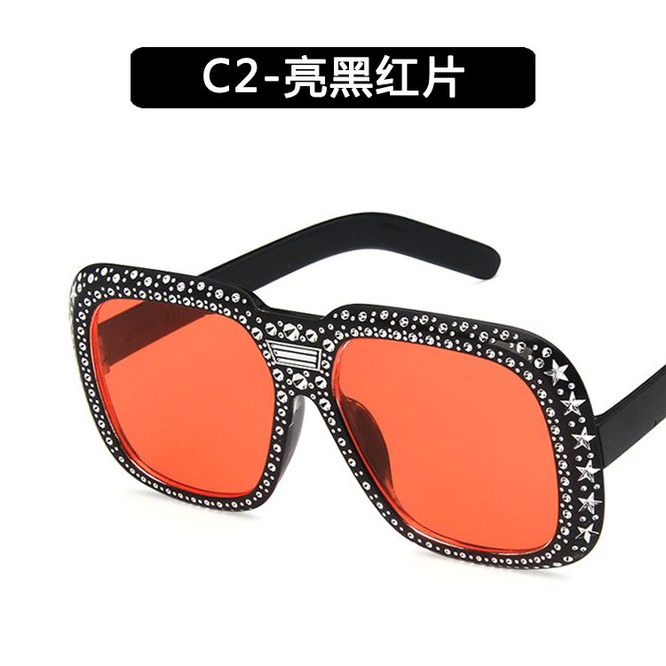 Trendy grote imitatie zonnebril met diamanten montuur, europese en amerikaanse persoonlijkheid, imitatie diamanten ster: Zwartrode film