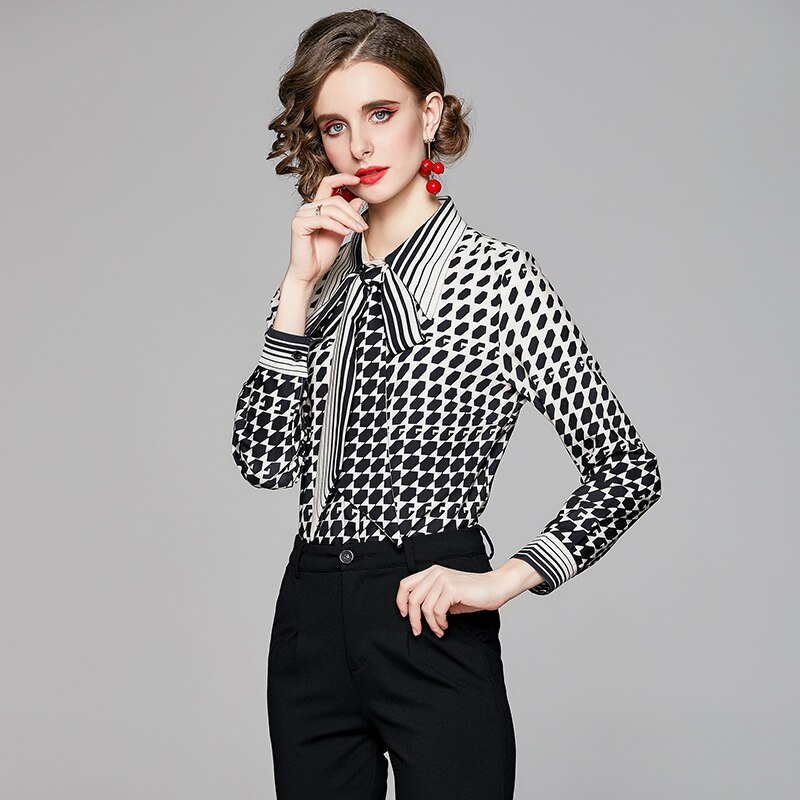 Blusa de gasa con estampado geométrico para mujer, camisa de manga larga para oficina, ropa coreana, , Primavera,